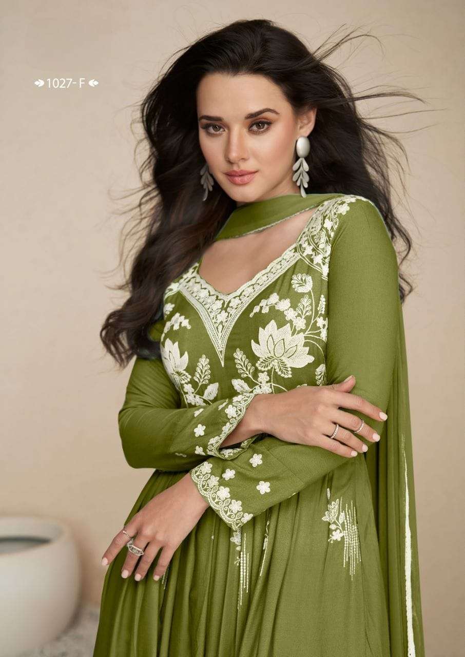 LAKHNAVI VOL HIT LIST  HEAVY REYON WHITE THREAD WORK NAURA CUT KURTI WITH PLAZZO AND NAZMIN DUPATTA BY VAMIKA BRAND 1027 F C